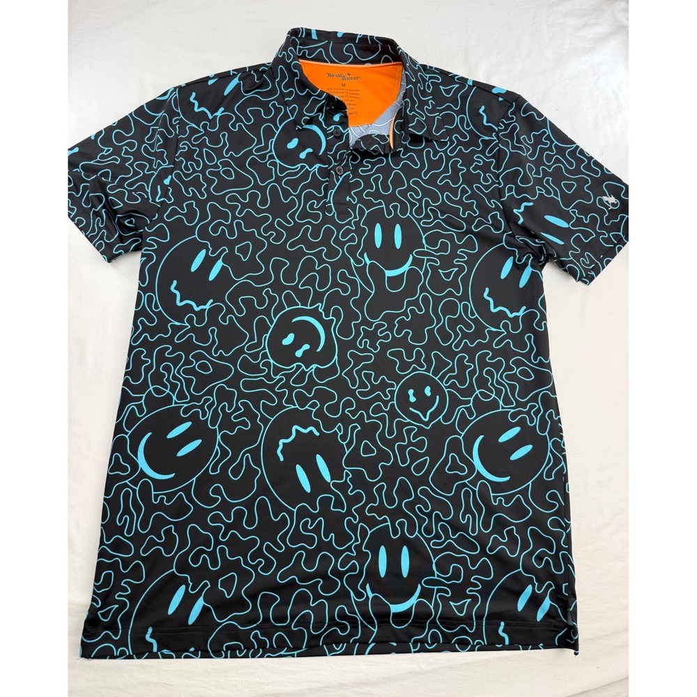 Birdie Bound Mens Psychedelic Smiley Face Performance Golf Polo Shirt Black M